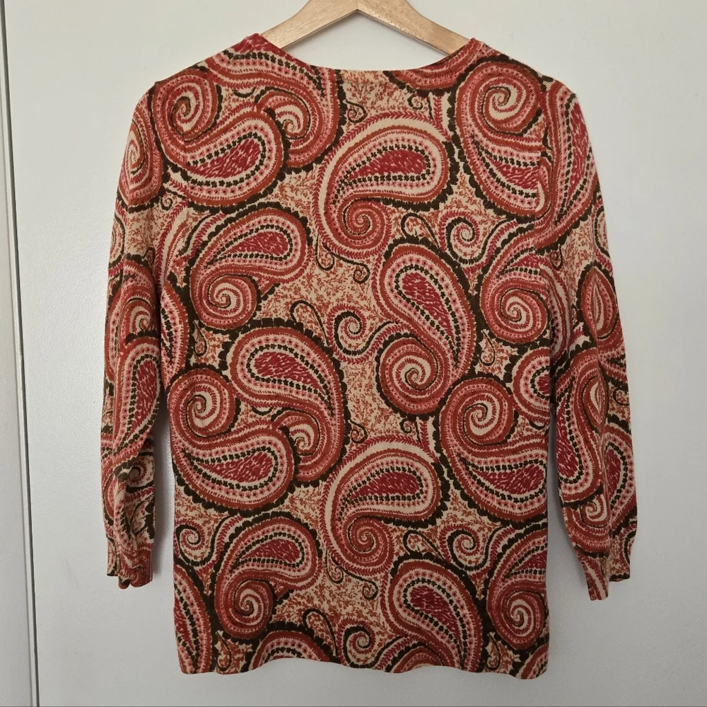 Talbots Size M 100% Merino Wool 3/4 Sleeve Paisley Cardigan